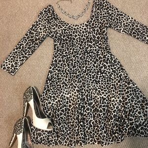 LEOPARD BALLET NECK SKATER DRESS 3/4 SLEEVE
